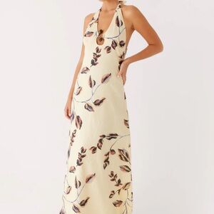 Peppermayo Cream Backless Dress with Leaf Print